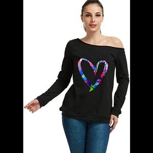 Magicmk Black Long Sleeve Sweatershirt with Colorful Heart|Women's Size Small